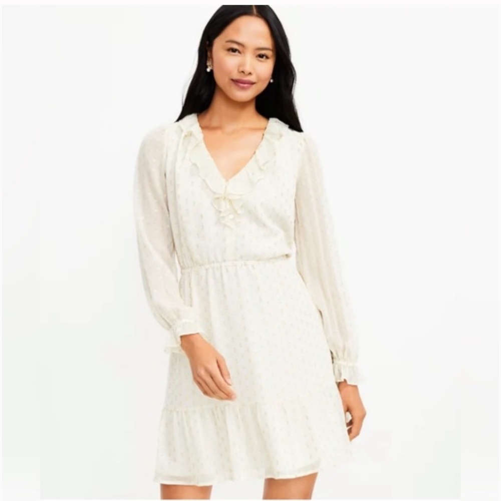 Loft white and gold polka dot dress